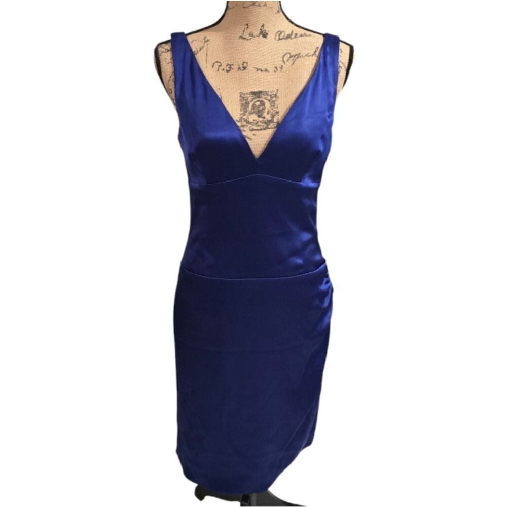 Nicole Miller Collection Royal Blue Ruched Side V-Neck Party Cocktail Silk Dress